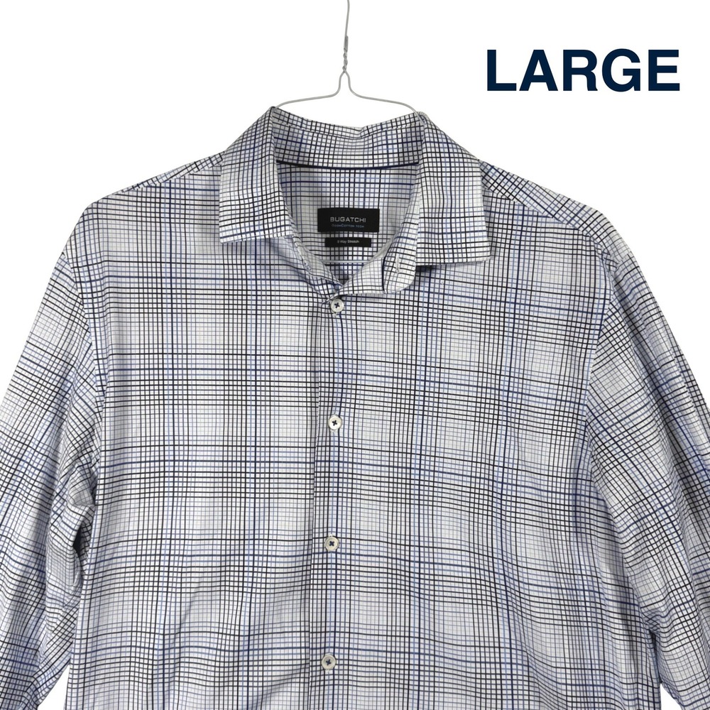Bugatchi OoohCotton Tech Mens Large Classic Blue Grid 8-Way Stretch Shirt Office